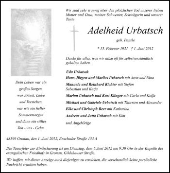 Anzeige von Adelheid Urbatsch von Westfälische Nachrichten