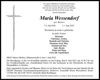Anzeige von Maria Wessendorf von Westfälische Nachrichten