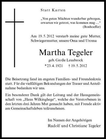 Anzeige von Martha Tegeler von Westfälische Nachrichten