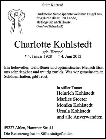 Anzeige von Charlotte Kohlstedt von Westfälische Nachrichten