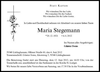 Anzeige von Maria Stegemann von Westfälische Nachrichten