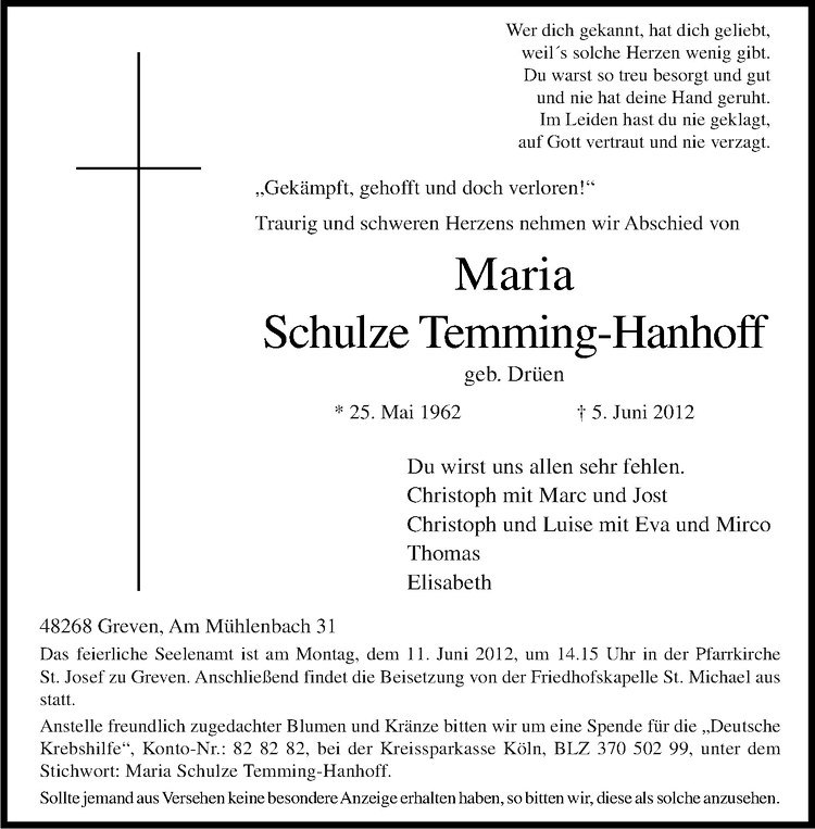  Traueranzeige für Maria Schulze Temming-Hanhoff vom 09.06.2012 aus Westfälische Nachrichten