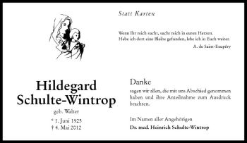 Anzeige von Hildegard Schulte-Wintrop von Westfälische Nachrichten