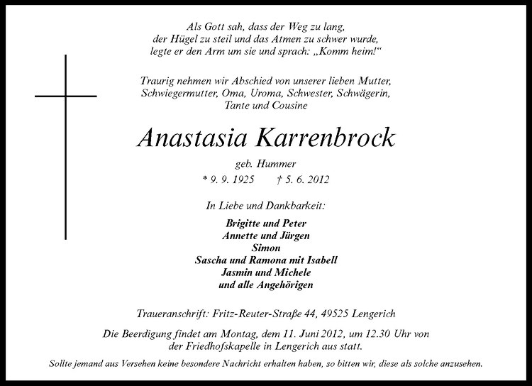  Traueranzeige für Anastasia Karrenbrock vom 09.06.2012 aus Westfälische Nachrichten