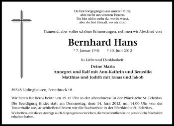 Anzeige von Bernhard Hans von Westfälische Nachrichten