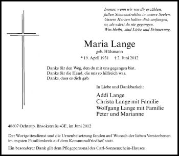 Anzeige von Maria Lange von Westfälische Nachrichten