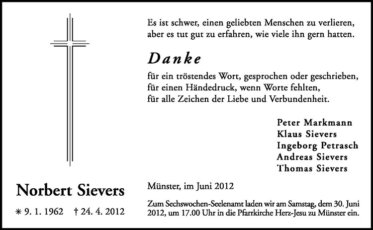  Traueranzeige für Norbert Sievers vom 23.06.2012 aus Westfälische Nachrichten