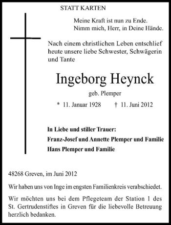 Anzeige von Ingeborg Heynck von Westfälische Nachrichten