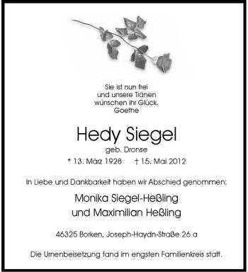Anzeige von Hedy Siegel von Westfälische Nachrichten