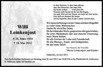 Anzeige von Willi Leinkenjost von Westfälische Nachrichten