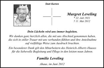 Anzeige von Margret Leveling von Westfälische Nachrichten