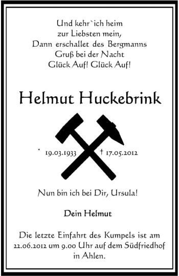Anzeige von Helmut Huckebrink von Westfälische Nachrichten