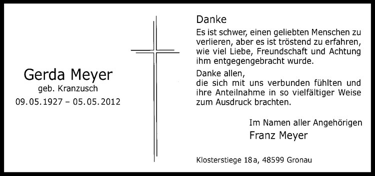  Traueranzeige für Gerda Meyer vom 23.06.2012 aus Westfälische Nachrichten