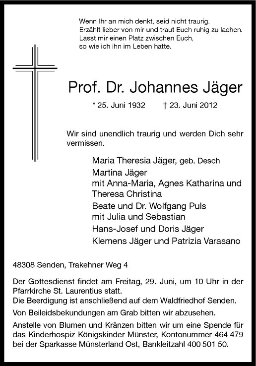  Traueranzeige für Johannes Jäger vom 26.06.2012 aus Westfälische Nachrichten