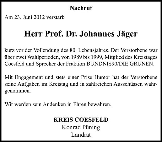 Traueranzeige für Johannes Jäger vom 29.06.2012 aus Westfälische Nachrichten