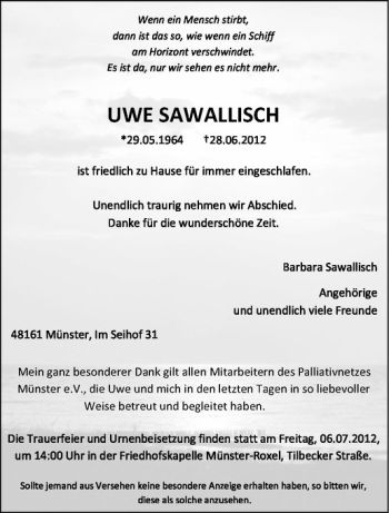 Anzeige von Uwe Sawallisch von Westfälische Nachrichten