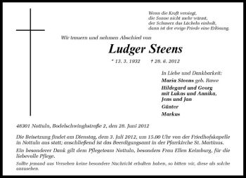 Anzeige von Ludger Steens von Westfälische Nachrichten
