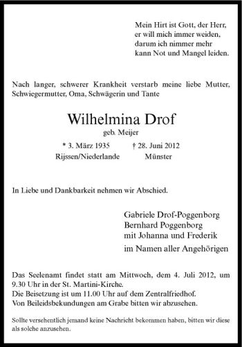 Anzeige von Wilhelmina Drof von Westfälische Nachrichten