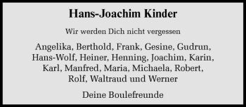 Anzeige von Hans-Joachim Kinder von Westfälische Nachrichten