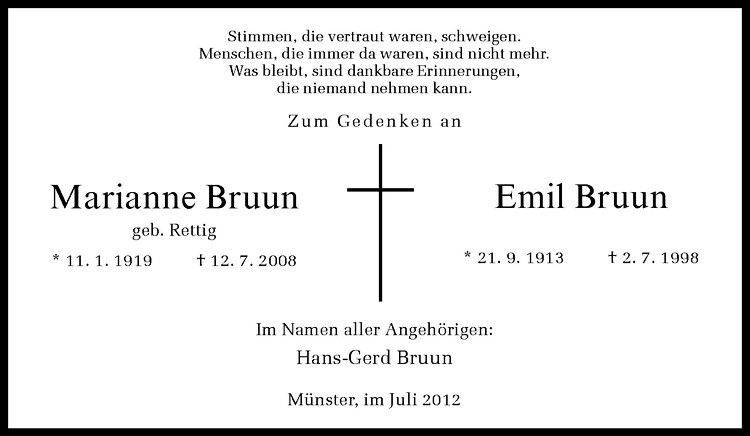  Traueranzeige für Emil Bruun vom 07.07.2012 aus Westfälische Nachrichten