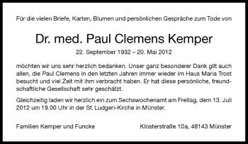 Anzeige von Paul Clemens Kemper von Westfälische Nachrichten
