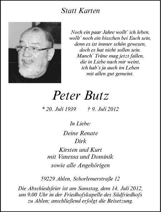  Traueranzeige für Peter Butz vom 12.07.2012 aus Westfälische Nachrichten