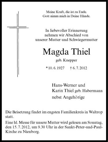 Anzeige von Magda Thiel von Westfälische Nachrichten