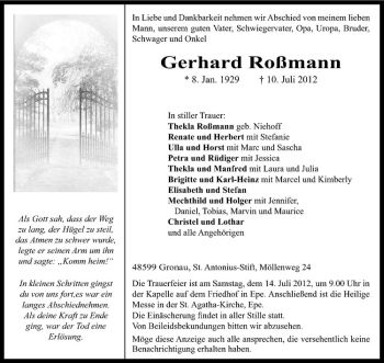 Anzeige von Gerhard Roßmann von Westfälische Nachrichten