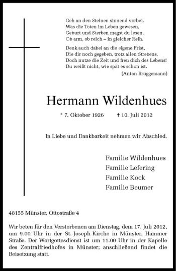 Anzeige von Hermann Wildenhues von Westfälische Nachrichten