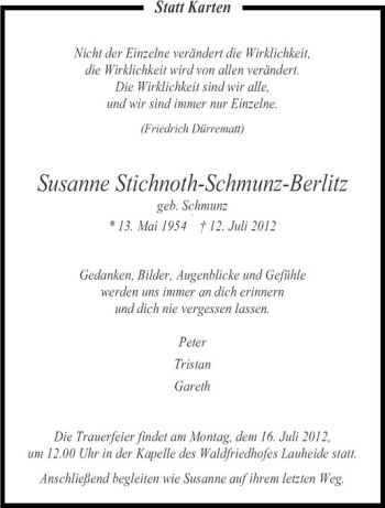 Anzeige von Susanne Stichnoth-Schmunz-Berlitz von Westfälische Nachrichten