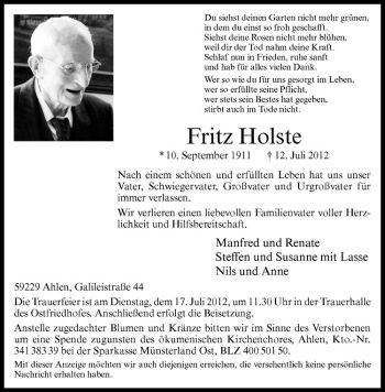 Anzeige von Fritz Holste von Westfälische Nachrichten