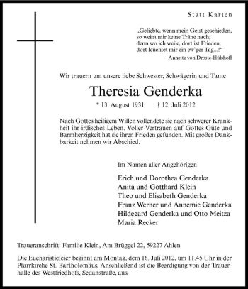 Anzeige von Theresia Genderka von Westfälische Nachrichten