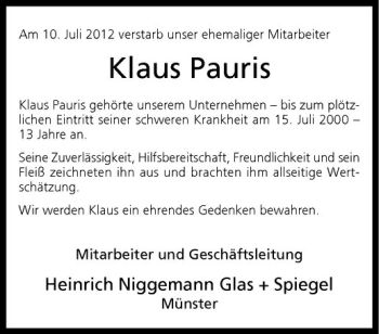 Anzeige von Klaus Pauris von Westfälische Nachrichten