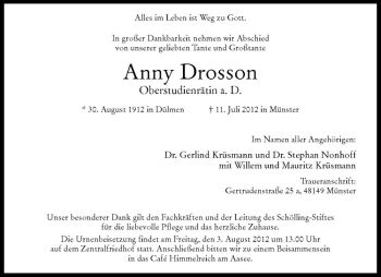 Anzeige von Anny Drosson von Westfälische Nachrichten