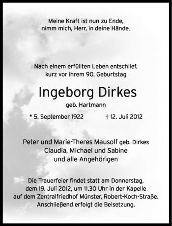 Anzeige von Ingeborg Dirkes von Westfälische Nachrichten