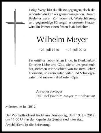 Anzeige von Wilhelm Meyer von Westfälische Nachrichten