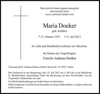 Anzeige von Maria Doeker von Westfälische Nachrichten