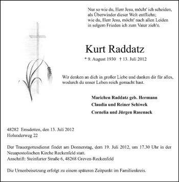 Anzeige von Kurt Raddatz von Westfälische Nachrichten