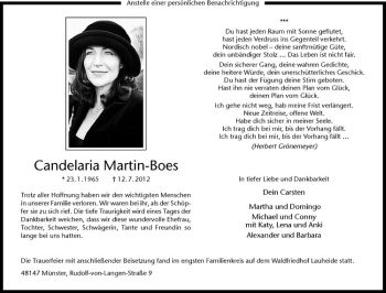 Anzeige von Candelaria Martin-Boes von Westfälische Nachrichten