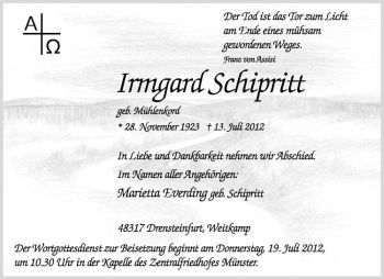 Anzeige von Irmgard Schipritt von Westfälische Nachrichten