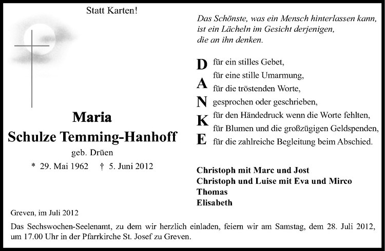  Traueranzeige für Maria Schulze Temming-Hanhoff vom 21.07.2012 aus Westfälische Nachrichten