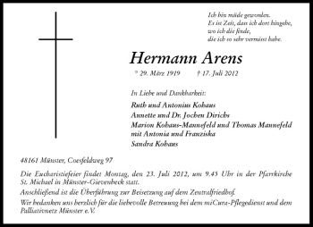 Anzeige von Hermann Arens von Westfälische Nachrichten