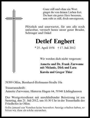 Anzeige von Detlef Engbert von Westfälische Nachrichten