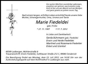 Anzeige von Marie Fiedeldei von Westfälische Nachrichten