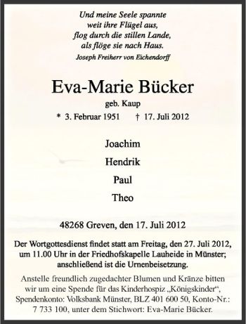 Anzeige von Eva-Marie Bücker von Westfälische Nachrichten