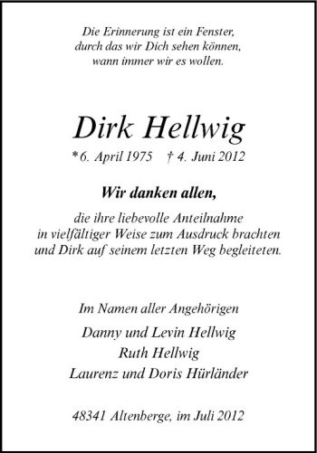 Anzeige von Dirk Hellwig von Westfälische Nachrichten