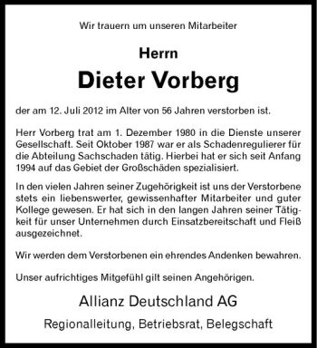 Anzeige von Dieter Vorberg von Westfälische Nachrichten