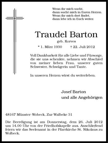 Anzeige von Traudel Barton von Westfälische Nachrichten