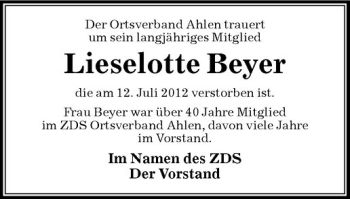 Anzeige von Lieselotte Beyer von Westfälische Nachrichten