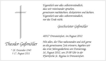 Anzeige von Theodor Gaßmöller von Westfälische Nachrichten